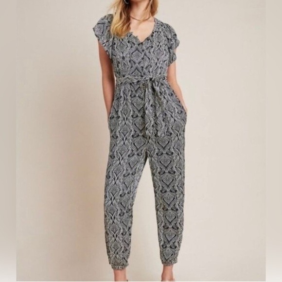 Anthropologie Pants - Anthropologie Zadie Boho Paisley Graphic Satin Flutter Sleeve Jumpsuit Petite 4P